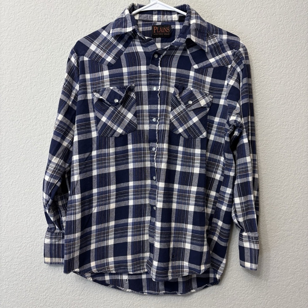 Vintage Plains Western Wear Pearl Snap Blue Plaid Flannel Shirt Size Medium M